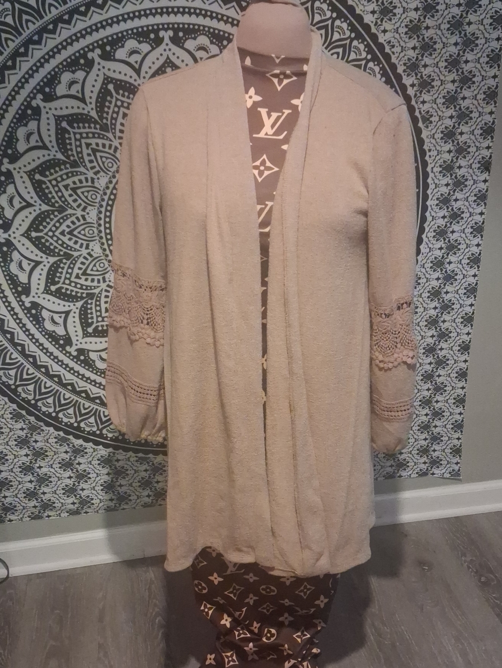 Maurices Beige Open-Front Cardigan with Lace Sleeve Detail